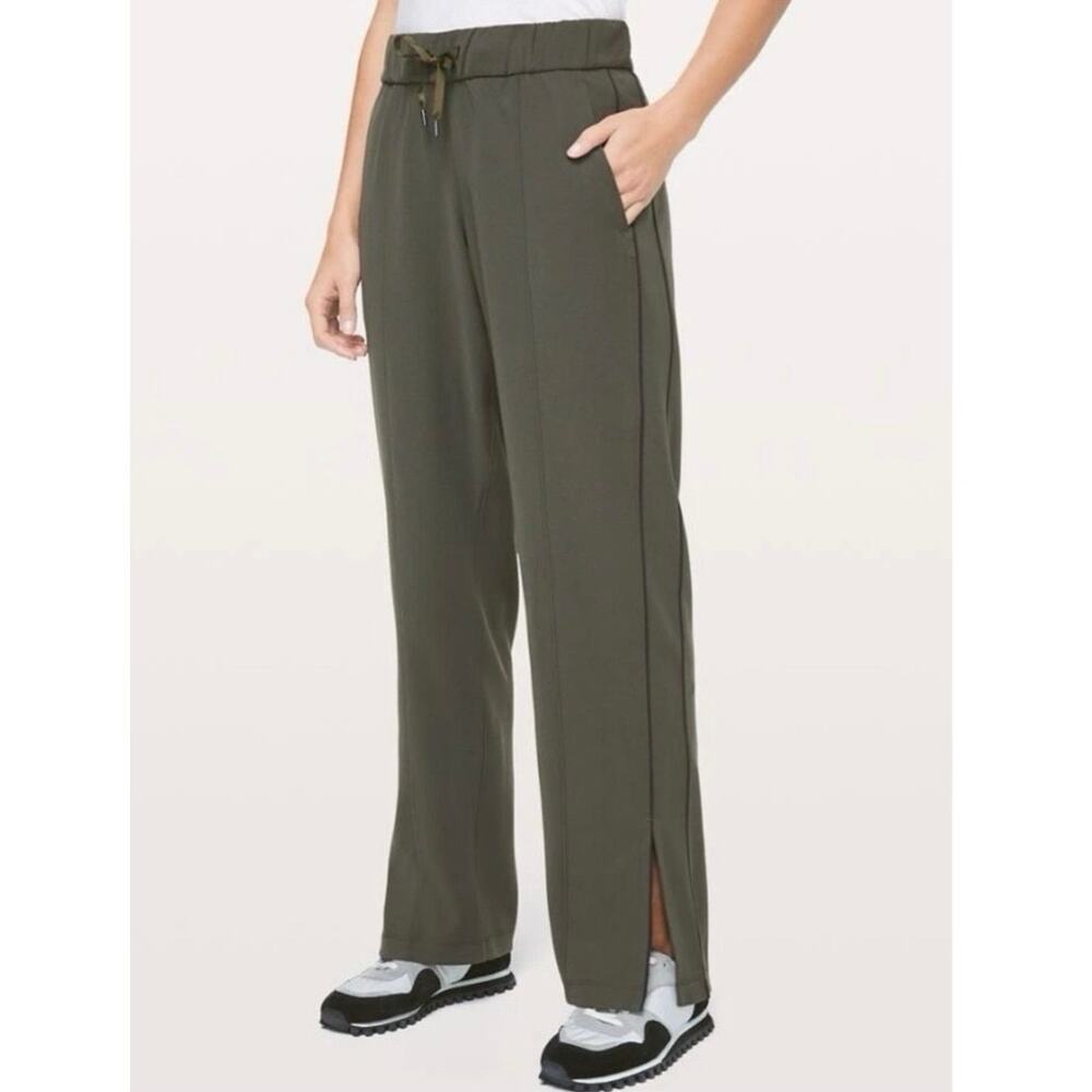 Lululemon On The Right Track Pants Womens Size 10 Olive Green Wide Leg Split Hem